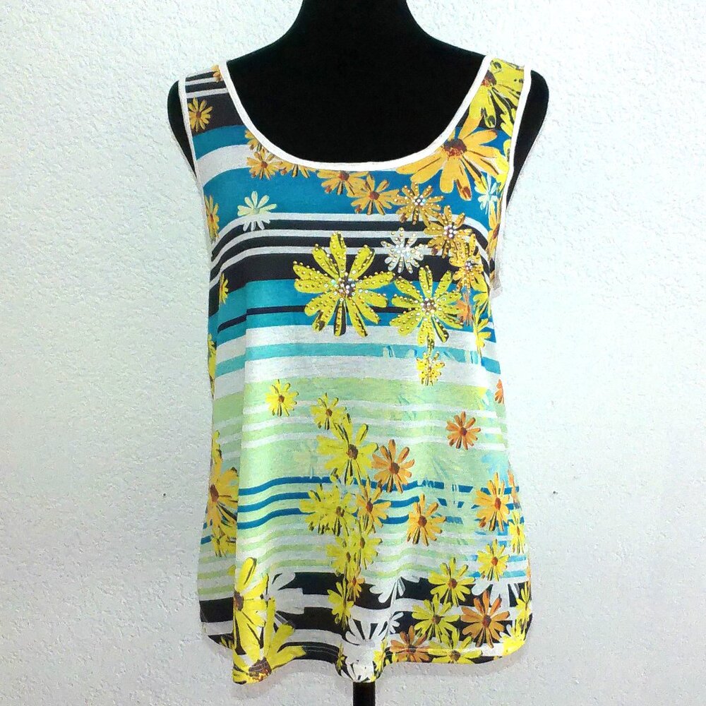 Spicewear, Stripe and daisy floral tank top, with golden/silver studs design.